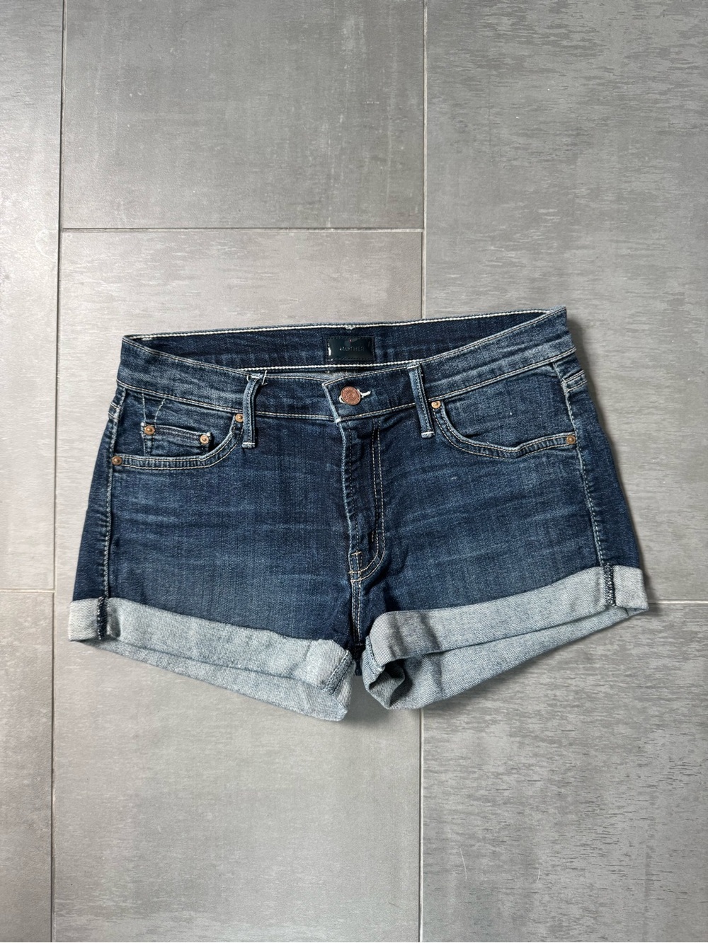 MOTHER Dark Blue Rolled Cuff Denim Shorts